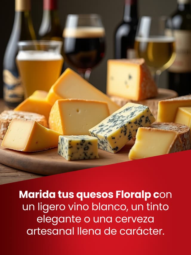 Marida tus quesos floralp con un ligero vino blanco, un tinto elegante o una cerveza artesanal llena de carácter