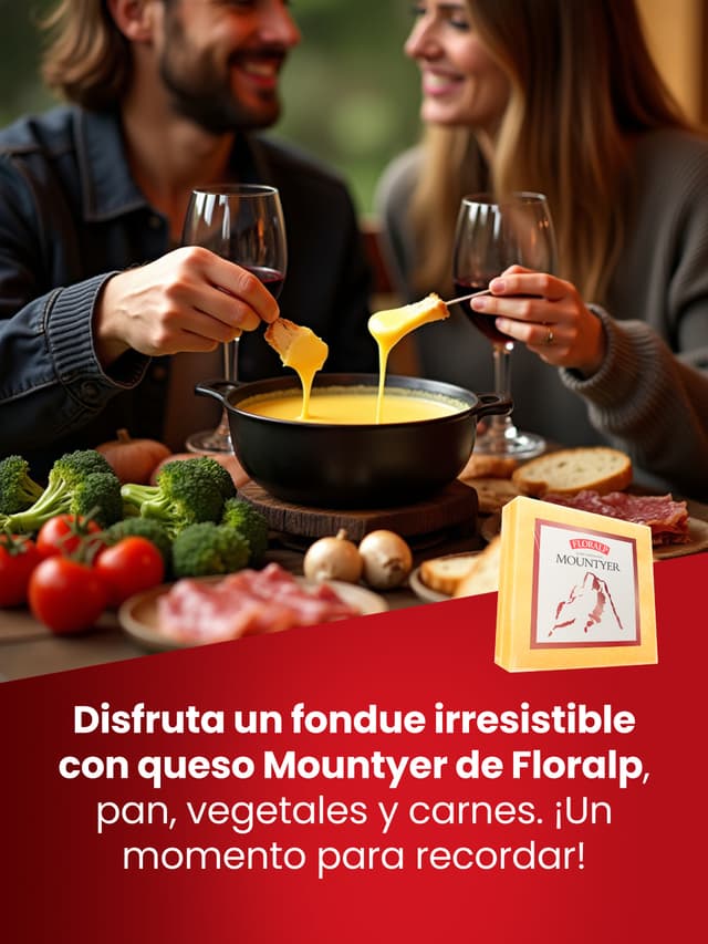Disfruta un fondue irresistible con queso Mountyer de Floralp, pan, vegetales y carnes. ¡Un momento para recordar!
